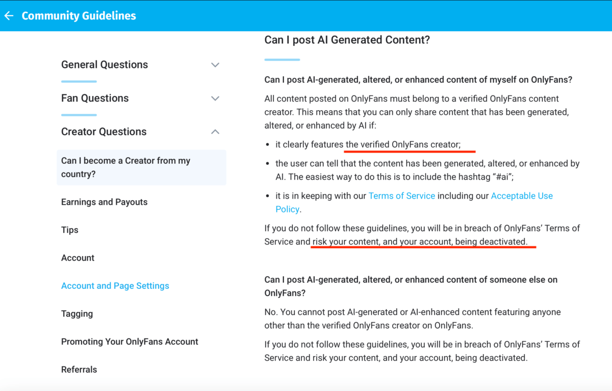 OnlyFans policy on AI generated content